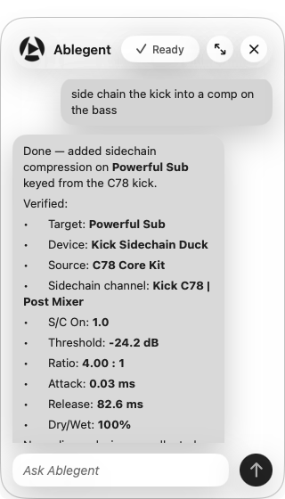 Ablegent chat readback in the local app.