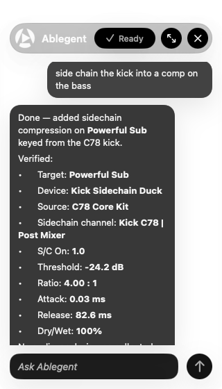 Ablegent chat readback in the local app.